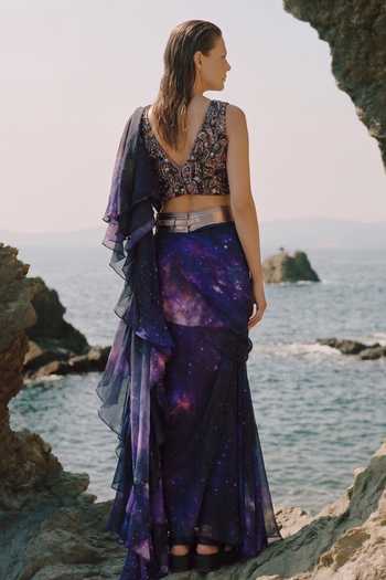 Nikita Mhaisalkar Galaxy Print Ruffle Saree With Blouse