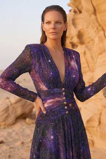 Nikita Mhaisalkar_Purple Georgette Plunge Neck Galaxy Print Slit Dress _Online_at_Aza_Fashions