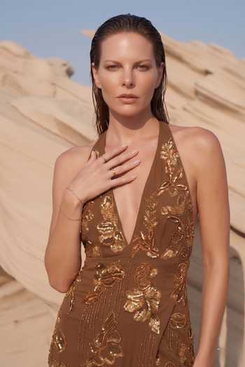 Nikita Mhaisalkar_Brown Georgette Halter , Plunge Baroque Hand Work Slit Dress _Online_at_Aza_Fashions