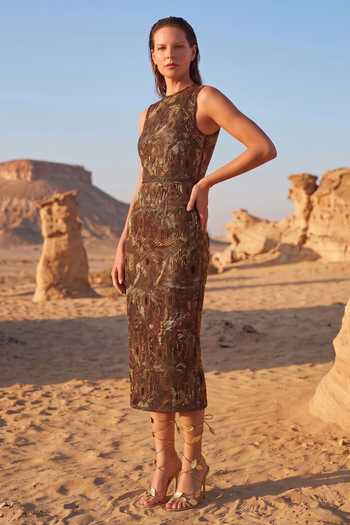Nikita Mhaisalkar Brown Denim, Hemp High Neck Baroque Embellished Sheath Dress Online at Aza Fashions Nikita Mhaisalkar_Brown Denim, Hemp High Neck Baroque Embellished Sheath Dress _Online_at_Aza_Fashions