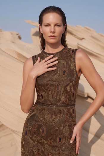 Buy Nikita Mhaisalkar Brown Denim, Hemp High Neck Baroque Embellished Sheath Dress Online at Aza Fashions Buy_Nikita Mhaisalkar_Brown Denim, Hemp High Neck Baroque Embellished Sheath Dress _Online_at_Aza_Fashions