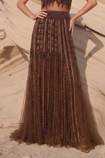 Buy_Nikita Mhaisalkar_Brown Tulle V-neck Hand Embellished Dress _Online_at_Aza_Fashions