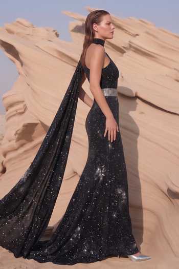 Nikita Mhaisalkar Black Georgette High Neck, One Shoulder Galaxy Print Scarf Dress Online at Aza Fashions Nikita Mhaisalkar_Black Georgette High Neck, One Shoulder Galaxy Print Scarf Dress _Online_at_Aza_Fashions