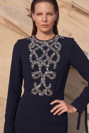 Buy Nikita Mhaisalkar Blue Suiting Round Neck Gun Metal Embroidered Slit Dress Online at Aza Fashions Buy_Nikita Mhaisalkar_Blue Suiting Round Neck Gun Metal Embroidered Slit Dress _Online_at_Aza_Fashions