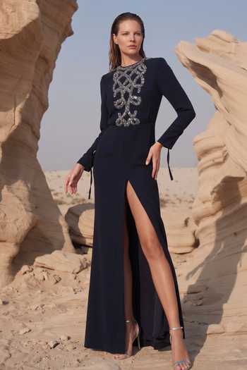 Nikita Mhaisalkar Gun Metal Embroidered Slit Dress