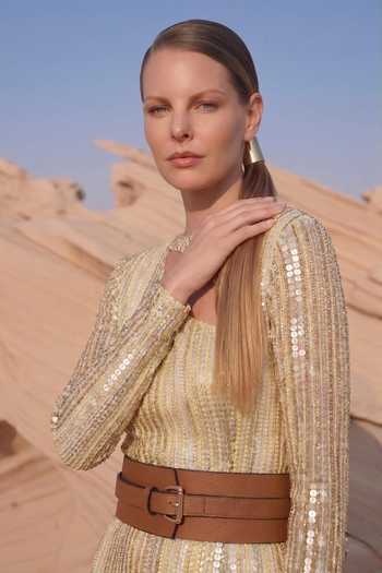 Nikita Mhaisalkar_Gold Georgette Boat Neck Stripe Sequin Embroidered Slit Dress _Online_at_Aza_Fashions