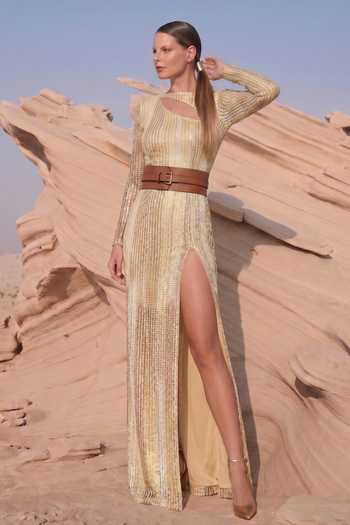 Nikita Mhaisalkar Stripe Sequin Embroidered Slit Dress