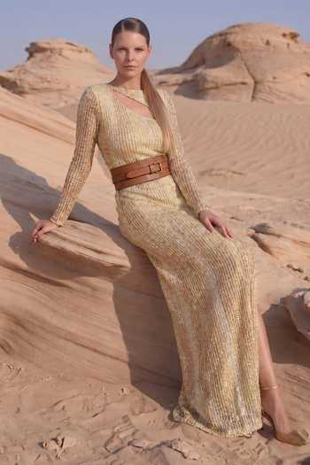 Buy_Nikita Mhaisalkar_Gold Georgette Boat Neck Stripe Sequin Embroidered Slit Dress _Online_at_Aza_Fashions