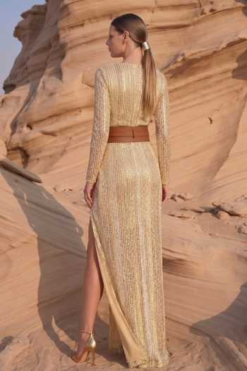 Nikita Mhaisalkar Stripe Sequin Embroidered Slit Dress