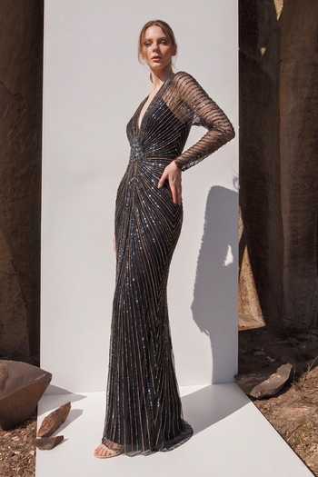 Nikita Mhaisalkar Black Tulle Plunge Neck Holographic Embroidered Draped Dress Online at Aza Fashions Nikita Mhaisalkar_Black Tulle Plunge Neck Holographic Embroidered Draped Dress _Online_at_Aza_Fashions