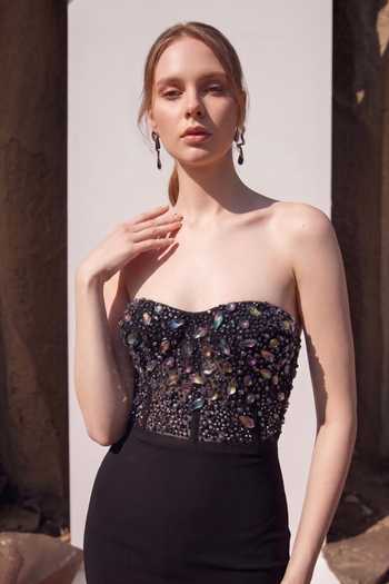 Nikita Mhaisalkar Black Suiting Sequins Sweetheart Holographic Space Embroidered Fishtail Gown Online at Aza Fashions Nikita Mhaisalkar_Black Suiting Sequins Sweetheart Holographic Space Embroidered Fishtail Gown _Online_at_Aza_Fashions