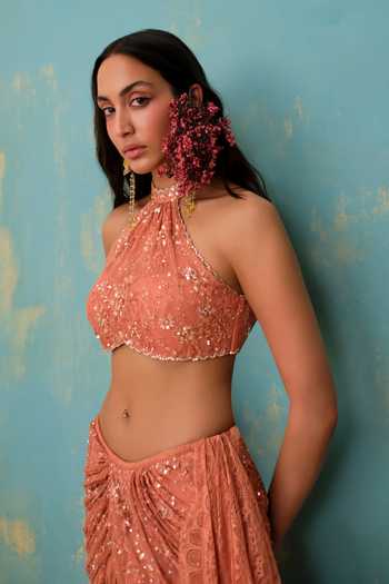 Shop Shehlaa Khan Coral Lace Halter Neck Embroidered Top Skirt Set Online at Aza Fashions Shop_Shehlaa Khan_Coral Lace Halter Neck Embroidered Top Skirt Set _Online_at_Aza_Fashions