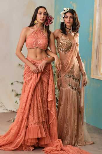 Buy Shehlaa Khan Coral Lace Halter Neck Embroidered Top Skirt Set Buy_Shehlaa Khan_Coral Lace Halter Neck Embroidered Top Skirt Set