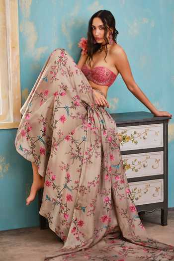 Shop Shehlaa Khan Beige Silk, Lace Sweetheart Neck Printed Pre-draped Saree With Blouse Online at Aza Fashions Shop_Shehlaa Khan_Beige Silk, Lace Sweetheart Neck Printed Pre-draped Saree With Blouse _Online_at_Aza_Fashions