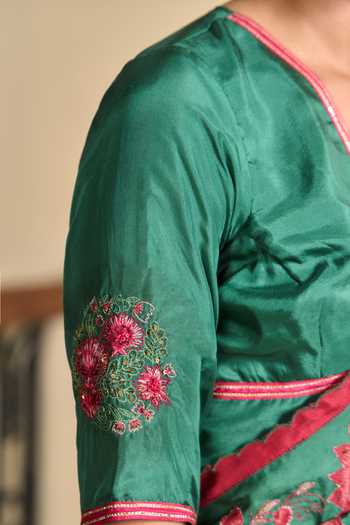 TA’Assur Green Silk Applique Work Saree With Unstitched Blouse Piece at Aza Fashions TA’Assur_Green Silk Applique Work Saree With Unstitched Blouse Piece _at_Aza_Fashions