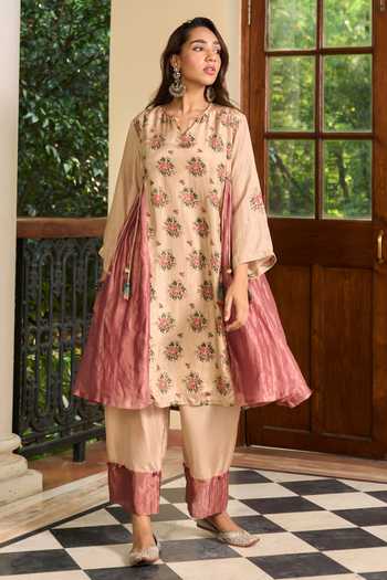Buy TA’Assur Beige Silk Printed Kurta Set Buy_TA’Assur_Beige Silk Printed Kurta Set