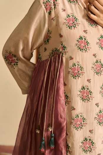 Shop TA’Assur Beige Silk Printed Kurta Set Shop_TA’Assur_Beige Silk Printed Kurta Set