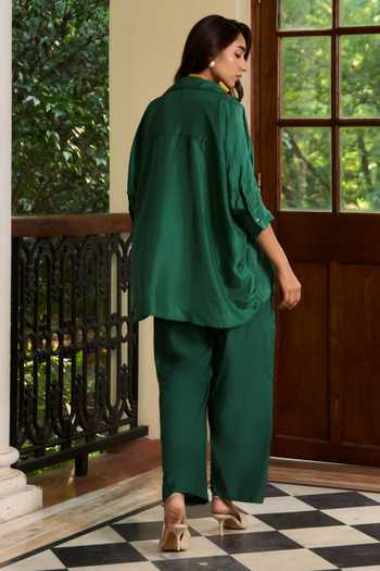 Shop TA’Assur Green Silk Collared Neck Applique Work Shirt And Pant Set at Aza Fashions Shop_TA’Assur_Green Silk Collared Neck Applique Work Shirt And Pant Set _at_Aza_Fashions