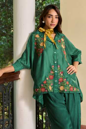 TA’Assur Green Silk Collared Neck Applique Work Shirt And Pant Set at Aza Fashions TA’Assur_Green Silk Collared Neck Applique Work Shirt And Pant Set _at_Aza_Fashions