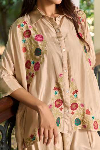 Buy TA’Assur Beige Silk Collared Neck Applique Work Shirt And Pant Set Online at Aza Fashions Buy_TA’Assur_Beige Silk Collared Neck Applique Work Shirt And Pant Set _Online_at_Aza_Fashions