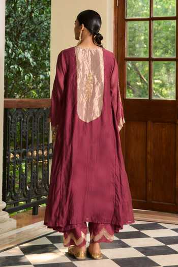 Shop TA’Assur Wine Chanderi, Tissue Embroidered Kurta Set at Aza Fashions Shop_TA’Assur_Wine Chanderi, Tissue Embroidered Kurta Set _at_Aza_Fashions