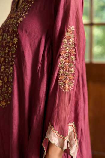 TA’Assur Wine Chanderi, Tissue Embroidered Kurta Set at Aza Fashions TA’Assur_Wine Chanderi, Tissue Embroidered Kurta Set _at_Aza_Fashions