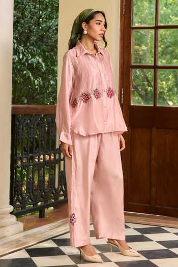 Shop_TA’Assur_Pink Silk Collared Neck Applique Hand Embroidered Shirt And Pant Set _Online_at_Aza_Fashions