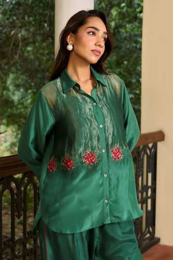 Shop TA’Assur Green Silk Collared Neck Embroidered Shirt And Pant Set Online at Aza Fashions Shop_TA’Assur_Green Silk Collared Neck Embroidered Shirt And Pant Set _Online_at_Aza_Fashions