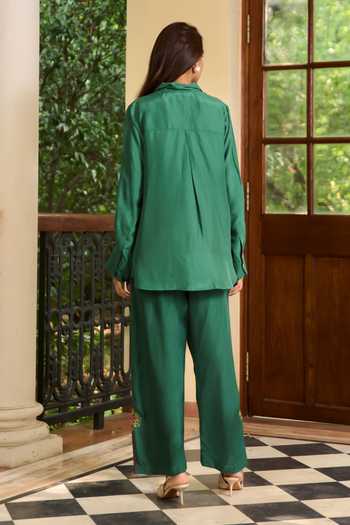 Shop TA’Assur Green Silk Collared Neck Embroidered Shirt And Pant Set at Aza Fashions Shop_TA’Assur_Green Silk Collared Neck Embroidered Shirt And Pant Set _at_Aza_Fashions