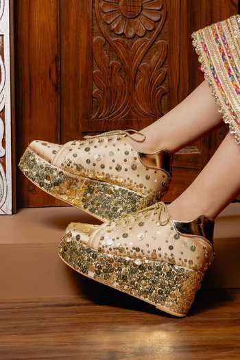Tiesta Gold Sitara Sequin Platform Sneakers Online at Aza Fashions Tiesta_Gold Sitara Sequin Platform Sneakers _Online_at_Aza_Fashions