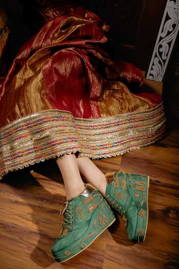 Tiesta Green Raas Embroidered Sneaker Wedges Online at Aza Fashions Tiesta_Green Raas Embroidered Sneaker Wedges _Online_at_Aza_Fashions