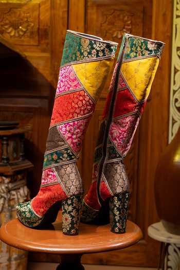Buy_Tiesta_ Floral Brocade Woven High Boots _Online_at_Aza_Fashions