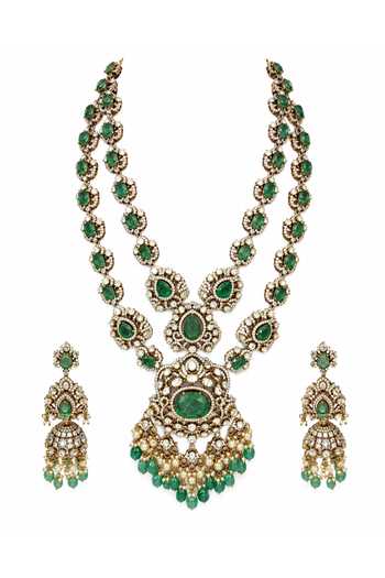 Vivinia By Vidhi Mehra Green Moissanite Long Two-layered Necklace Set Online at Aza Fashions Vivinia By Vidhi Mehra_Green Moissanite Long Two-layered Necklace Set _Online_at_Aza_Fashions