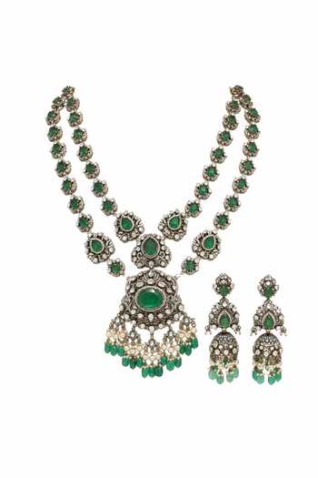 Vivinia By Vidhi Mehra Emerald Green Moissanite Polki Long Two-layered Necklace Set Online at Aza Fashions Vivinia By Vidhi Mehra_Emerald Green Moissanite Polki Long Two-layered Necklace Set _Online_at_Aza_Fashions