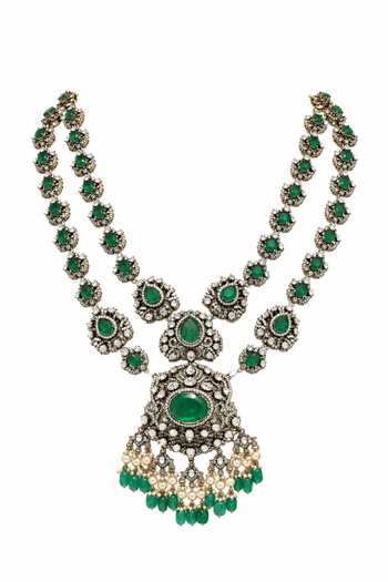Buy Vivinia By Vidhi Mehra Emerald Green Moissanite Polki Long Two-layered Necklace Set Online at Aza Fashions Buy_Vivinia By Vidhi Mehra_Emerald Green Moissanite Polki Long Two-layered Necklace Set _Online_at_Aza_Fashions