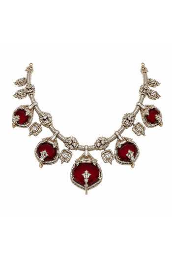 Vivinia By Vidhi Mehra_Red Semi-precious Stone Moissanite Necklace Set _Online_at_Aza_Fashions