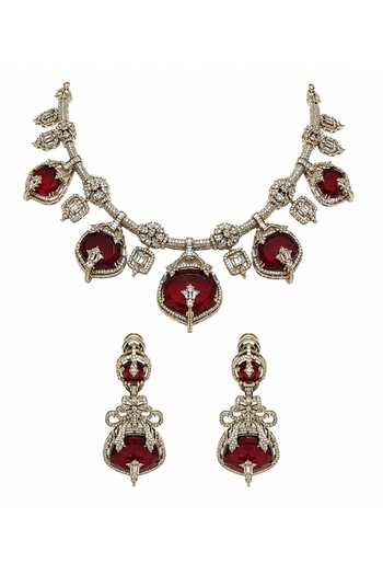 Buy_Vivinia By Vidhi Mehra_Red Semi-precious Stone Moissanite Necklace Set _Online_at_Aza_Fashions