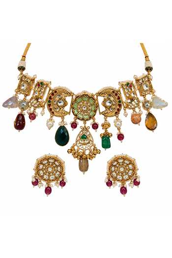 Shop_Vivinia By Vidhi Mehra_Multi Color Handcrafted Polki Charm Necklace Set _Online_at_Aza_Fashions