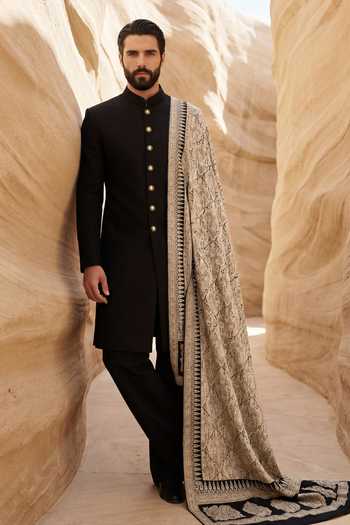 Amit Arora Black Pashmina Sherwani Set Online at Aza Fashions Amit Arora_Black Pashmina Sherwani Set _Online_at_Aza_Fashions