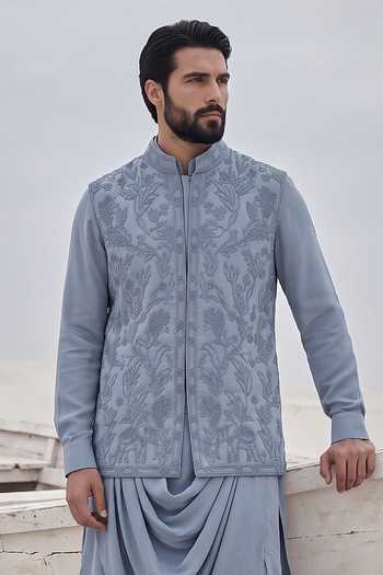Amit Arora Blue Knit Embroidered Waistcoat And Kurta Set Online at Aza Fashions Amit Arora_Blue Knit Embroidered Waistcoat And Kurta Set _Online_at_Aza_Fashions