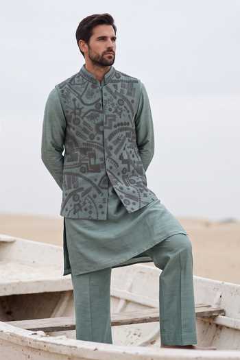 Amit Arora Green Velvet, Chanderi Silk, Silk, Cotton Textured Waistcoat And Kurta Set Online at Aza Fashions Amit Arora_Green Velvet, Chanderi Silk, Silk, Cotton Textured Waistcoat And Kurta Set _Online_at_Aza_Fashions