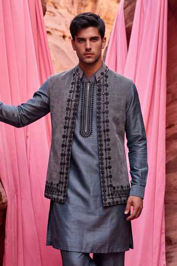 Amit Arora Grey Velvet, Chanderi Silk, Cotton, Textured Embroidered Waistcoat And Kurta Set Online at Aza Fashions Amit Arora_Grey Velvet, Chanderi Silk, Cotton, Textured Embroidered Waistcoat And Kurta Set _Online_at_Aza_Fashions