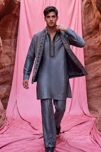 Buy Amit Arora Grey Velvet, Chanderi Silk, Cotton, Textured Embroidered Waistcoat And Kurta Set Online at Aza Fashions Buy_Amit Arora_Grey Velvet, Chanderi Silk, Cotton, Textured Embroidered Waistcoat And Kurta Set _Online_at_Aza_Fashions