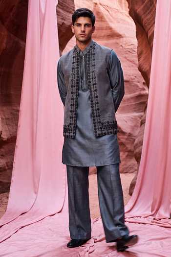Shop Amit Arora Grey Velvet, Chanderi Silk, Cotton, Textured Embroidered Waistcoat And Kurta Set Online at Aza Fashions Shop_Amit Arora_Grey Velvet, Chanderi Silk, Cotton, Textured Embroidered Waistcoat And Kurta Set _Online_at_Aza_Fashions