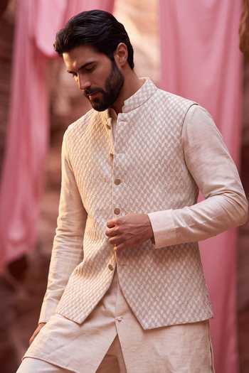 Buy Amit Arora Beige Silk, Cotton Woven Waistcoat And Kurta Set Online at Aza Fashions Buy_Amit Arora_Beige Silk, Cotton Woven Waistcoat And Kurta Set _Online_at_Aza_Fashions