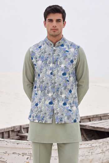 Shop Amit Arora Blue Crepe Floral Hand Embroidered Waistcoat Set Online at Aza Fashions Shop_Amit Arora_Blue Crepe Floral Hand Embroidered Waistcoat Set _Online_at_Aza_Fashions