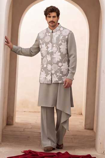 Amit Arora Green Knit Floral Embroidered Waistcoat Kurta Set Online at Aza Fashions Amit Arora_Green Knit Floral Embroidered Waistcoat Kurta Set _Online_at_Aza_Fashions