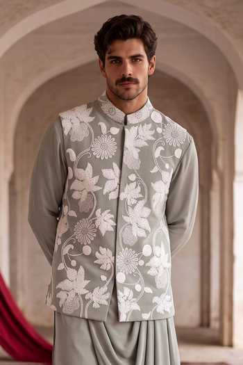 Shop Amit Arora Green Knit Floral Embroidered Waistcoat Kurta Set Online at Aza Fashions Shop_Amit Arora_Green Knit Floral Embroidered Waistcoat Kurta Set _Online_at_Aza_Fashions