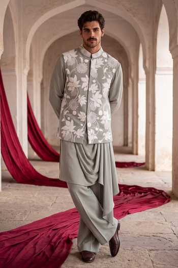 Amit Arora Green Knit Floral Embroidered Waistcoat Kurta Set at Aza Fashions Amit Arora_Green Knit Floral Embroidered Waistcoat Kurta Set _at_Aza_Fashions