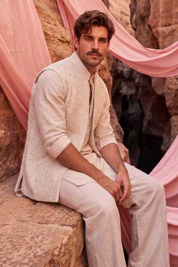 Amit Arora Cream Linen, Silk Embroidered Waistcoat Pant Set Online at Aza Fashions Amit Arora_Cream Linen, Silk Embroidered Waistcoat Pant Set _Online_at_Aza_Fashions